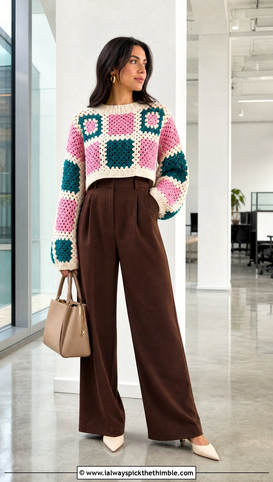 Cropped Granny Square Color Block Crochet Sweater With Wide Leg Trousers - 20 Color Block Crochet Sweater outfit ideas