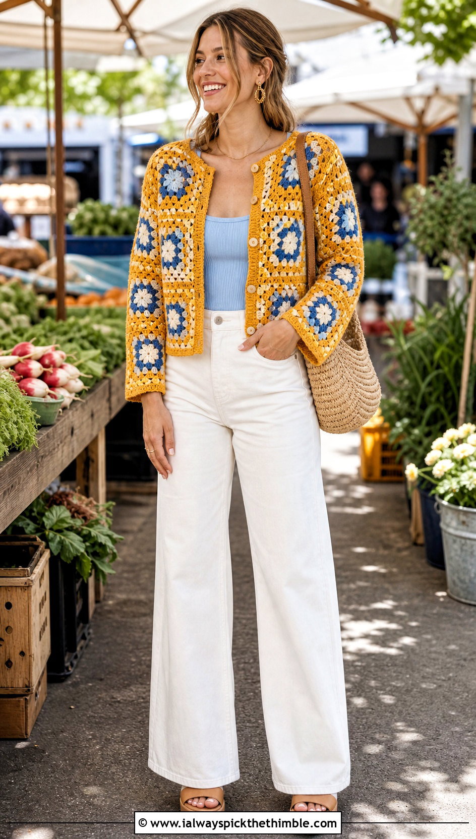 Cropped Granny Square Crochet Button Cardigan With White Jeans - 20 Crochet Button Cardigan outfit ideas