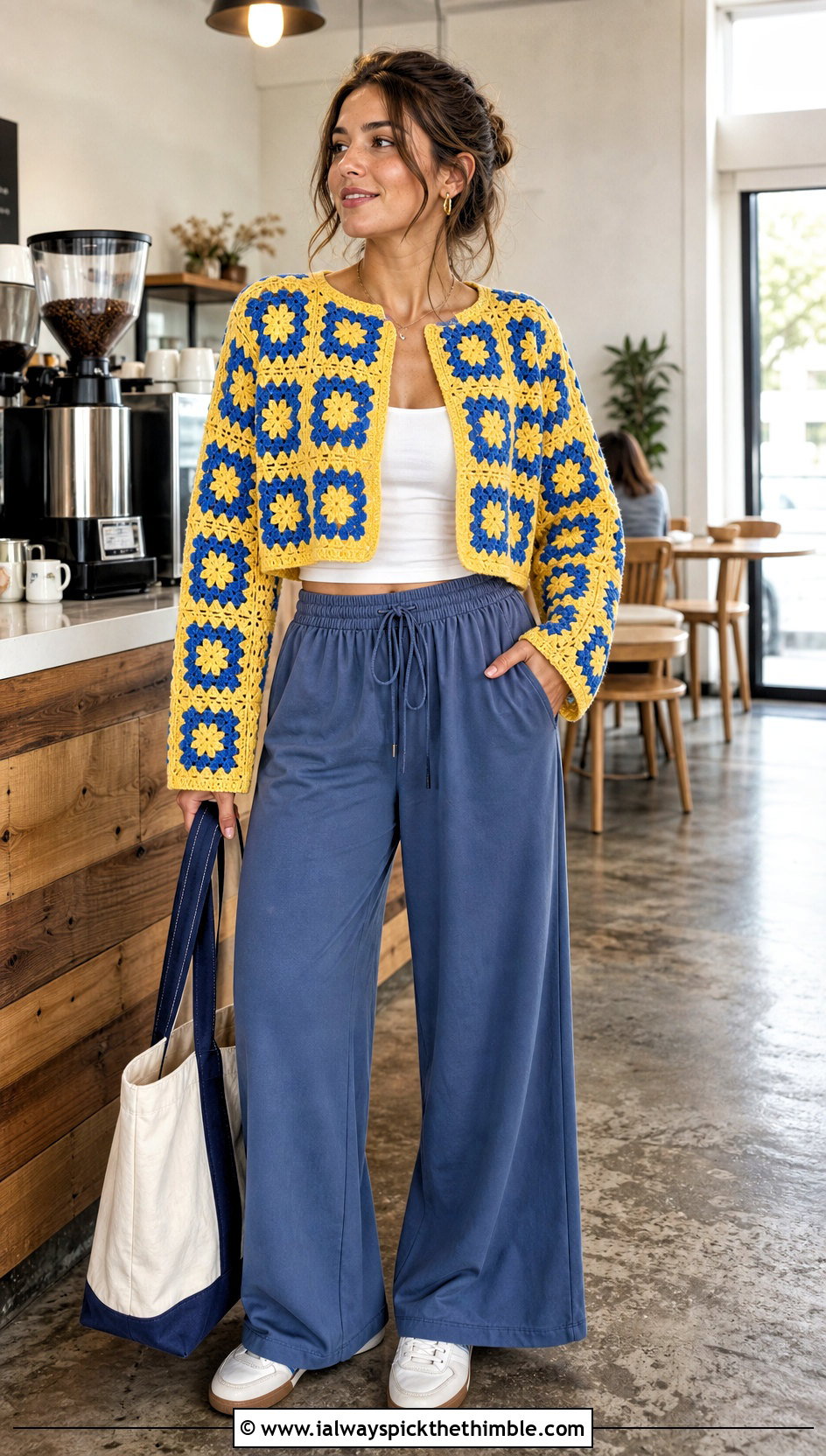 Cropped Granny Square Crochet Cardigan With Lounge Pants - 15 Ultimate Lounge Crochet Cardigan outfit ideas