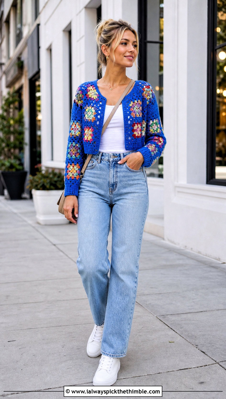 Cropped Granny Square Crochet Cardigan With Straight Leg Jeans - 15 easiest crochet cardigan outfit ideas