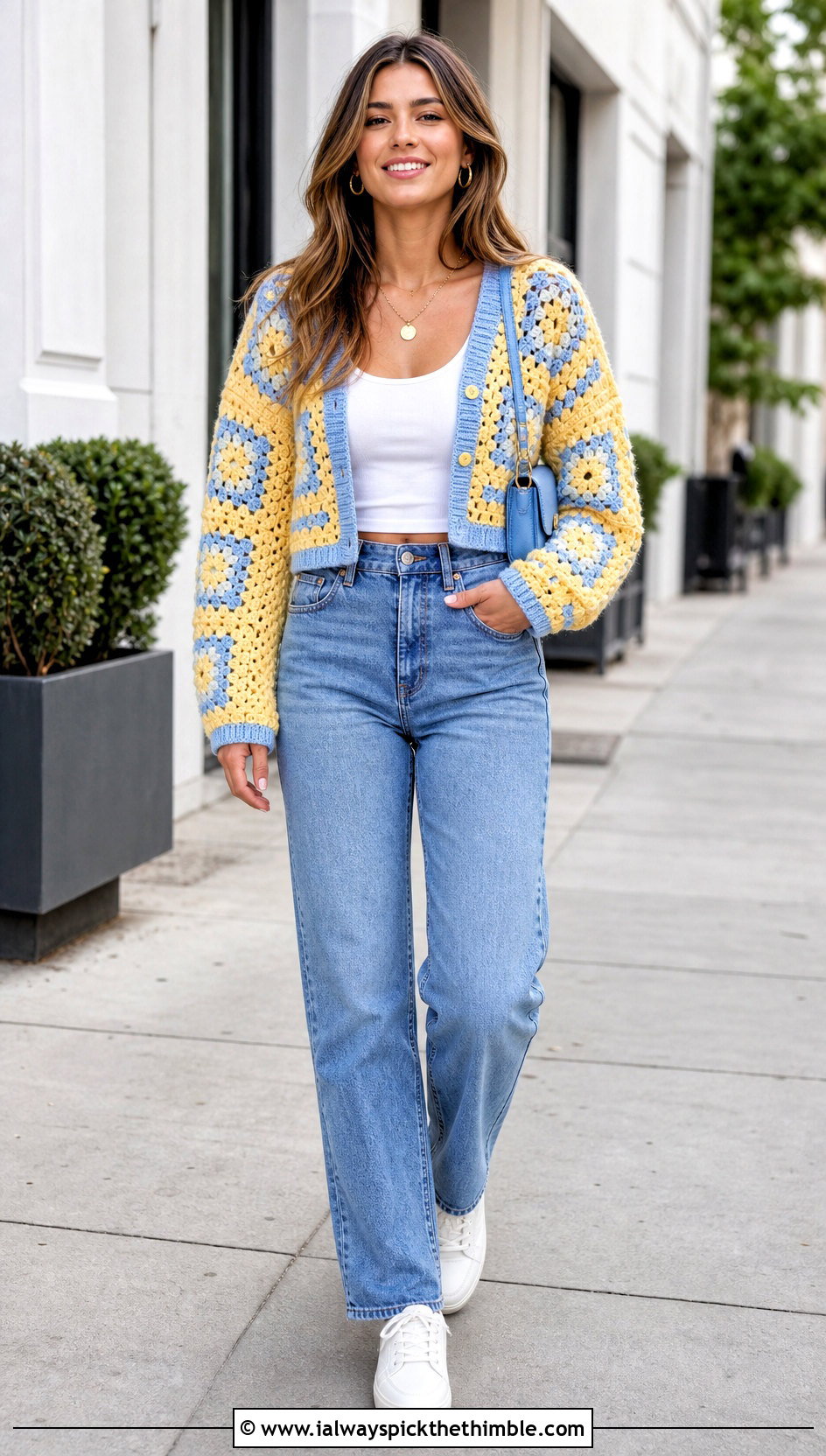 Cropped Granny Square Crochet Cardigan With Straight Leg Jeans - 25 easy crochet cardigan women outfit ideas
