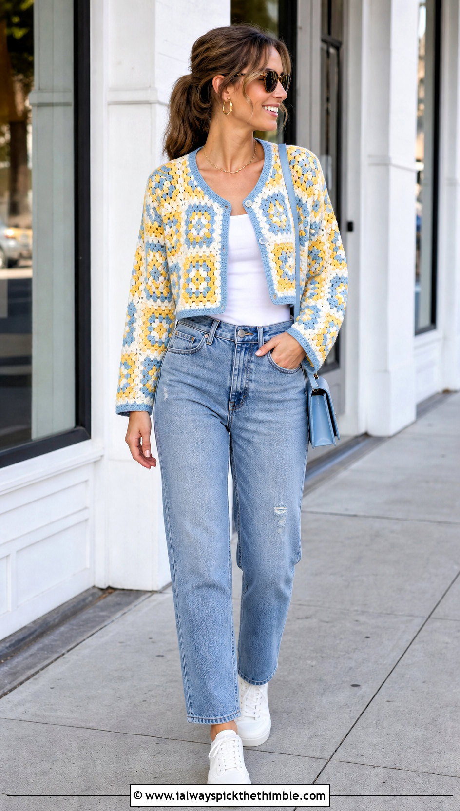 Cropped Granny Square Crochet Cardigan With Straight Leg Jeans - 15 very easy crochet cardigan outfit ideas