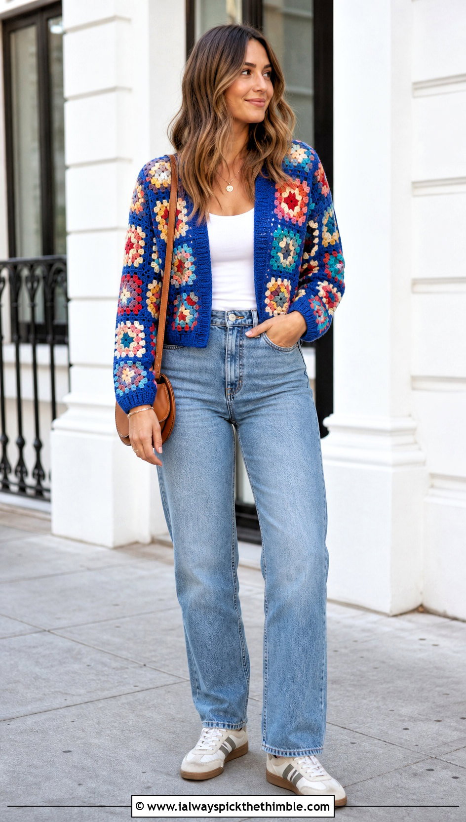Cropped Granny Square Crochet Cardigan With Straight Leg Jeans - 20 bohemian crochet cardigan outfit ideas