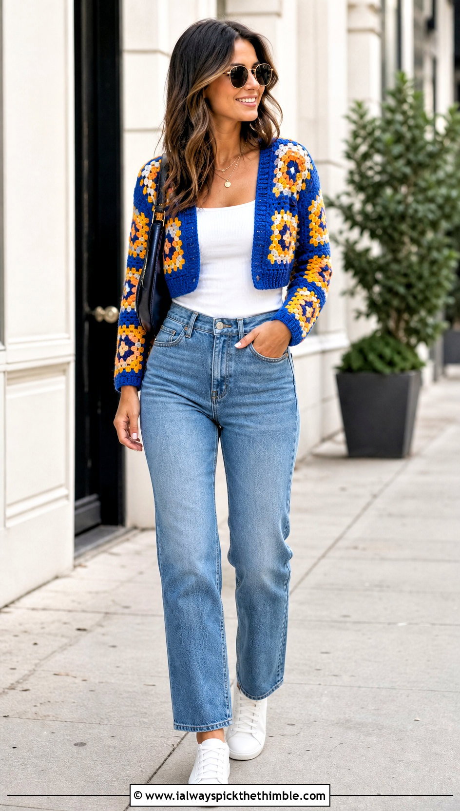 Cropped Granny Square Crochet Cardigan With Straight Leg Jeans - 20 crochet cardigan design outfit ideas