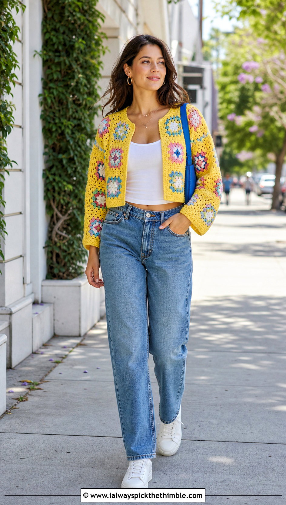 Cropped Granny Square Crochet Cardigan With Straight Leg Jeans - 25 crochet cardigans for women outfit ideas