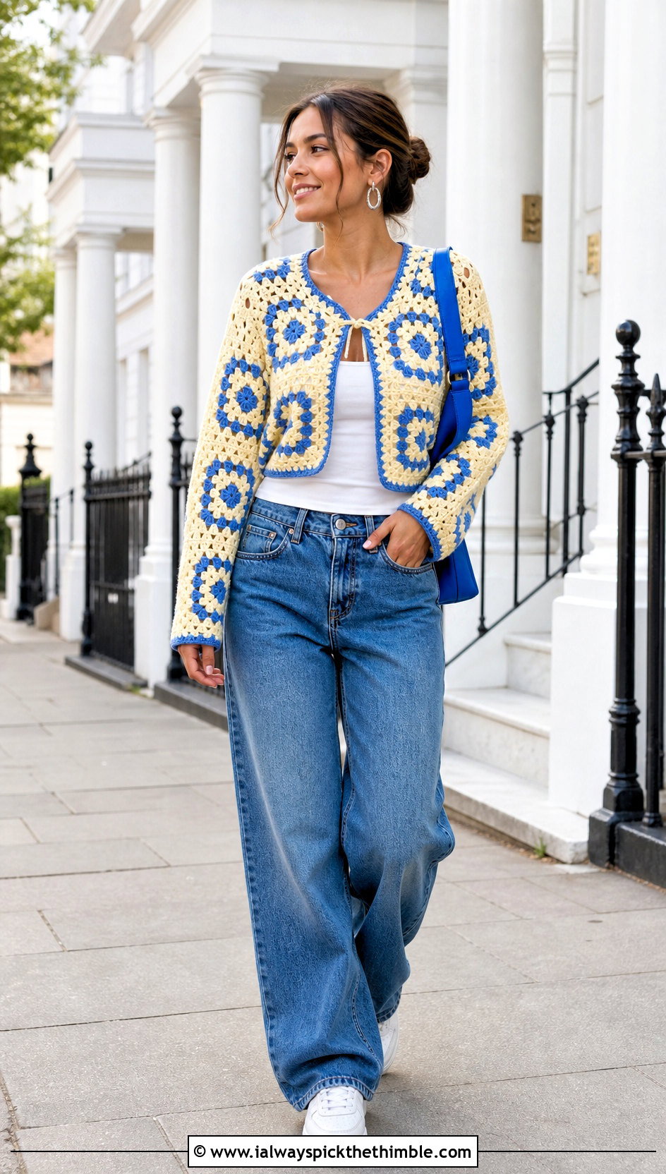 Cropped Granny Square Crochet Cardigan With Wide Leg Jeans - 15 crochet cardigan with blue accents outfit ideas
