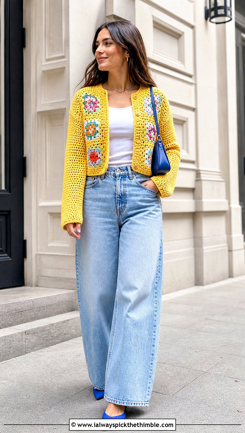 Cropped Granny Square Crochet Cardigan With Wide Leg Jeans - 20 Grant Square Crochet Cardigan outfit ideas
