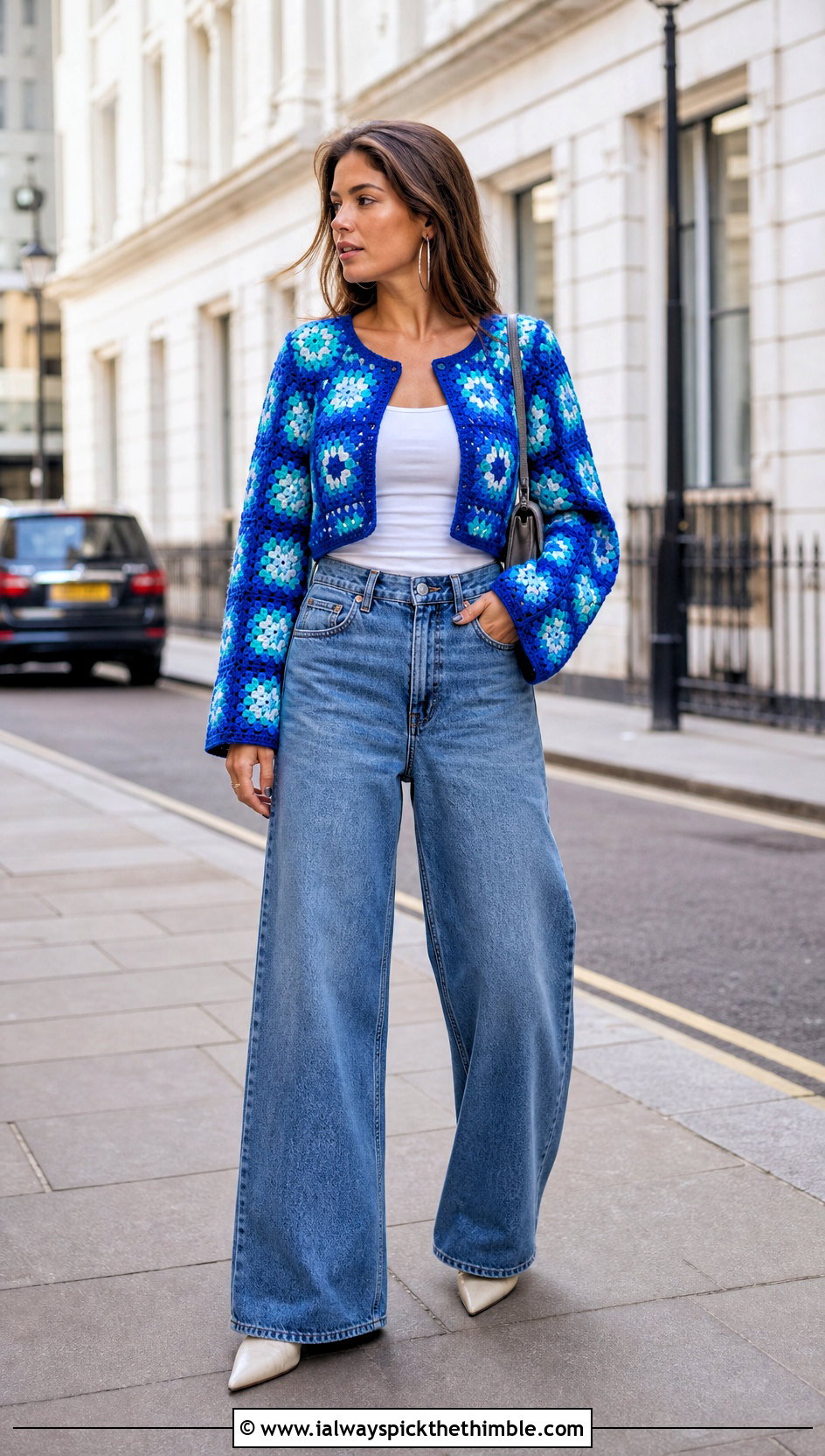 Cropped Granny Square Crochet Cardigan With Wide Leg Jeans - 20 Modern Crochet Cardigan outfit ideas