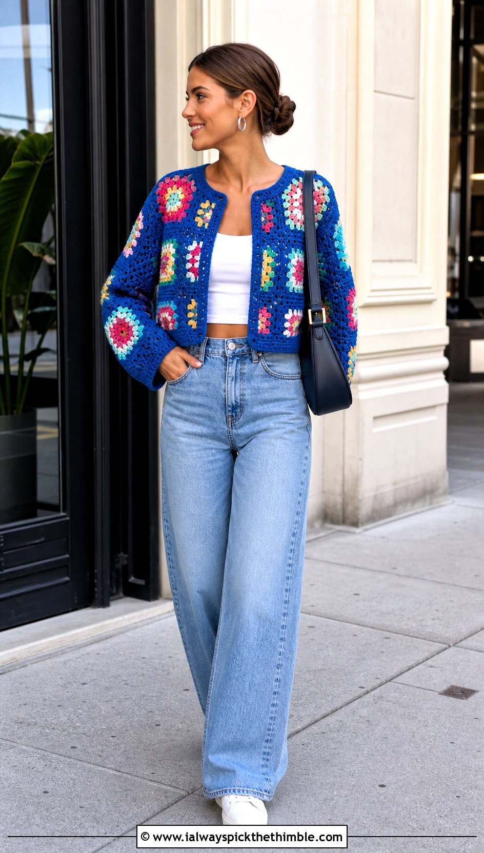Cropped Granny Square Crochet Cardigan With Wide Leg Jeans - 15 crazy classic crochet cardigan outfit ideas