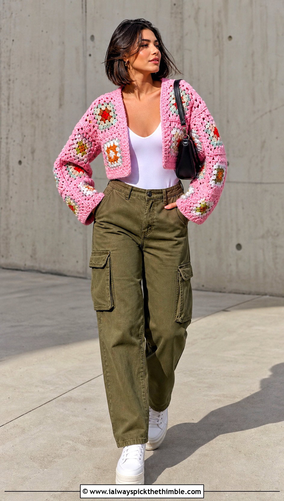 Cropped Granny Square Crochet Coat With Cargo Pants - 20 Granny Square Crochet Coat outfit ideas
