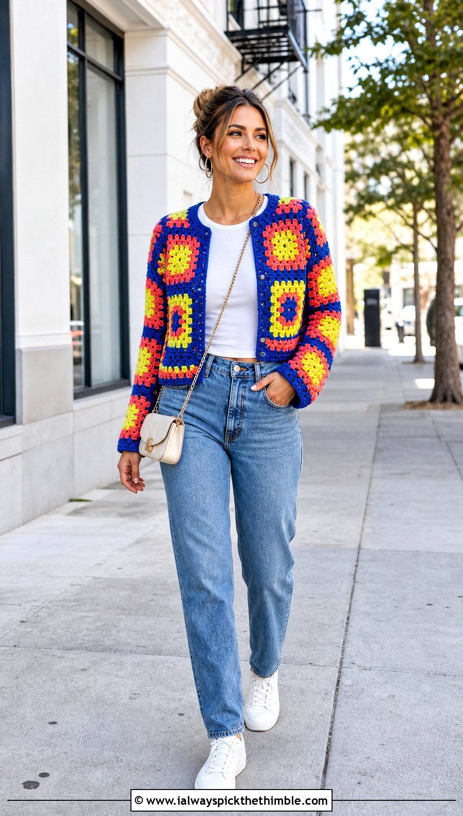 Cropped Granny Square Crochet Jacket With Straight Jeans - 25 easy crochet jacket outfit ideas