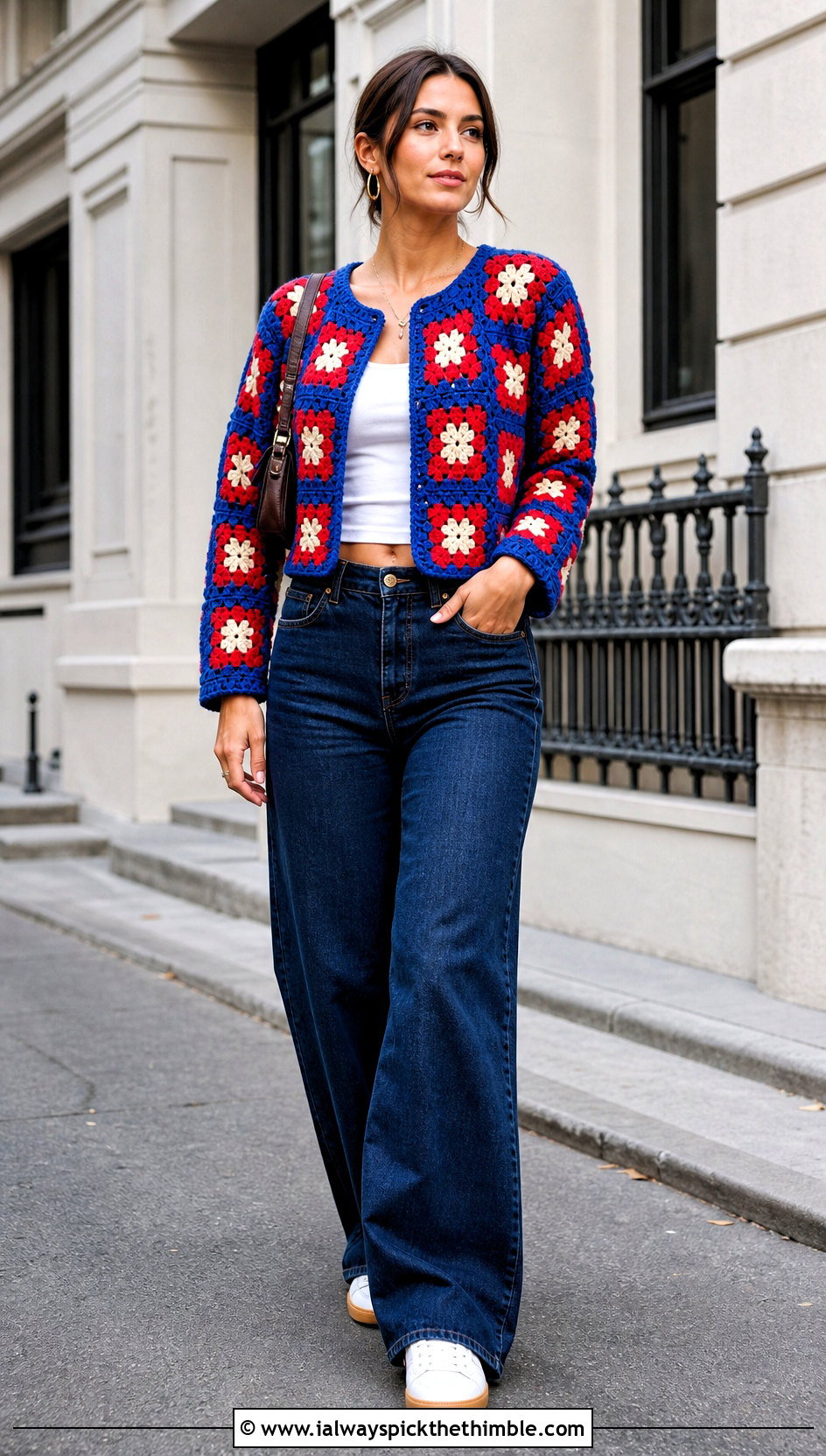 Cropped Granny Square Crochet Jacket With Wide Leg Jeans - 25 crochet jacket outfit ideas