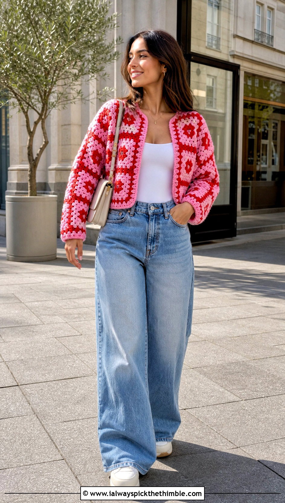 Cropped Granny Square Crochet Jacket With Wide Leg Jeans - 15 Granny Square Crochet Coats & Jackets outfit ideas