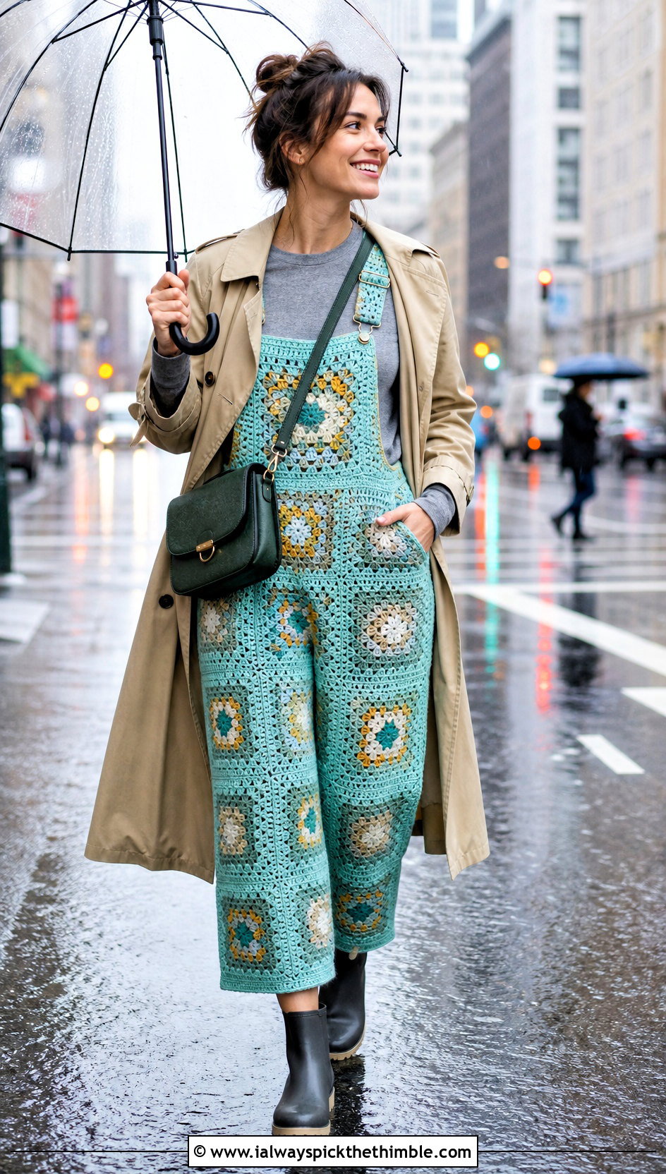 Cropped Granny Square Crochet Overalls With Trench Coat - 20 Granny Square Crochet Overalls outfit ideas