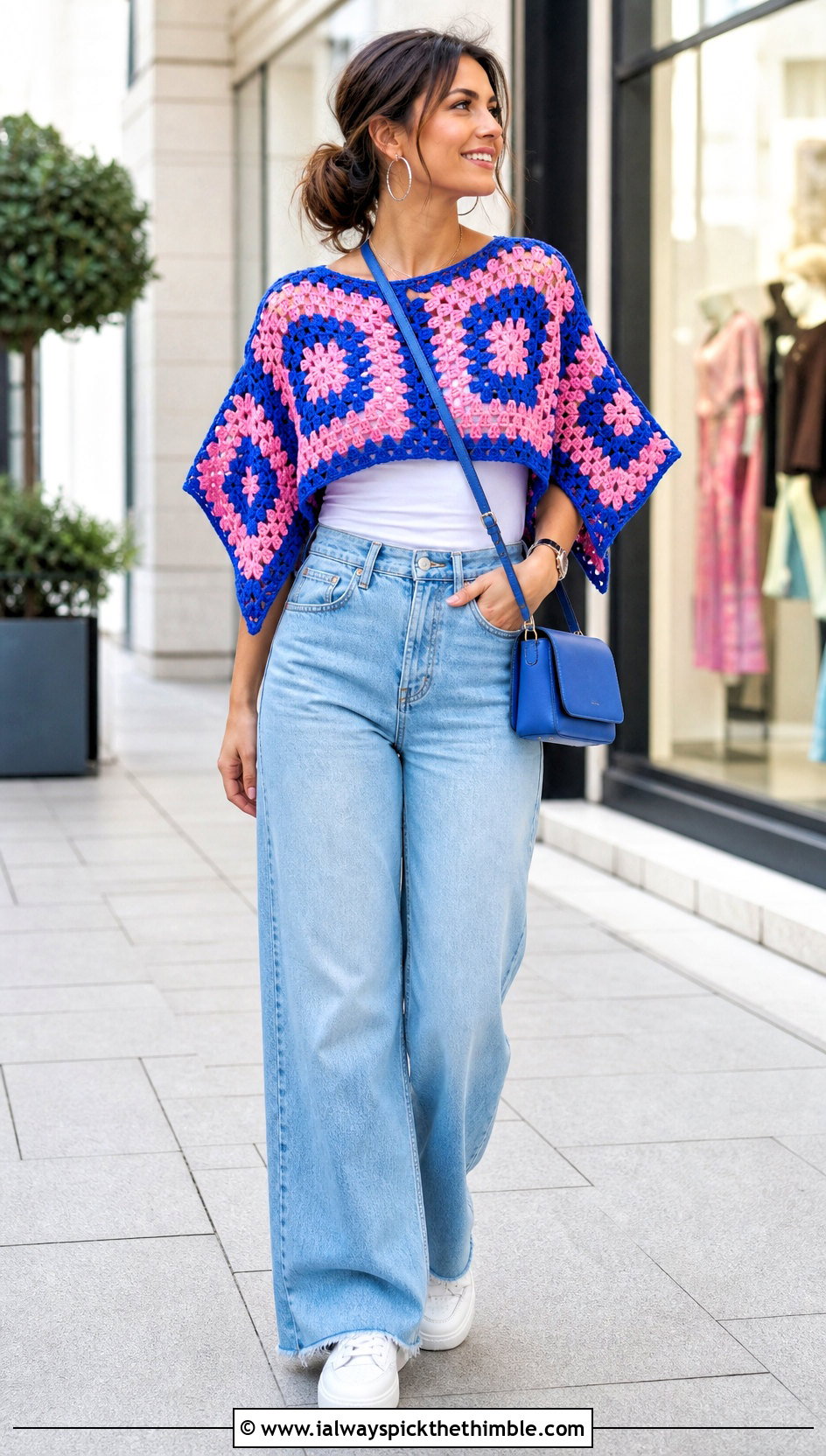 Cropped Granny Square Crochet Poncho With Wide Leg Jeans - 25 crochet ponchos outfit ideas