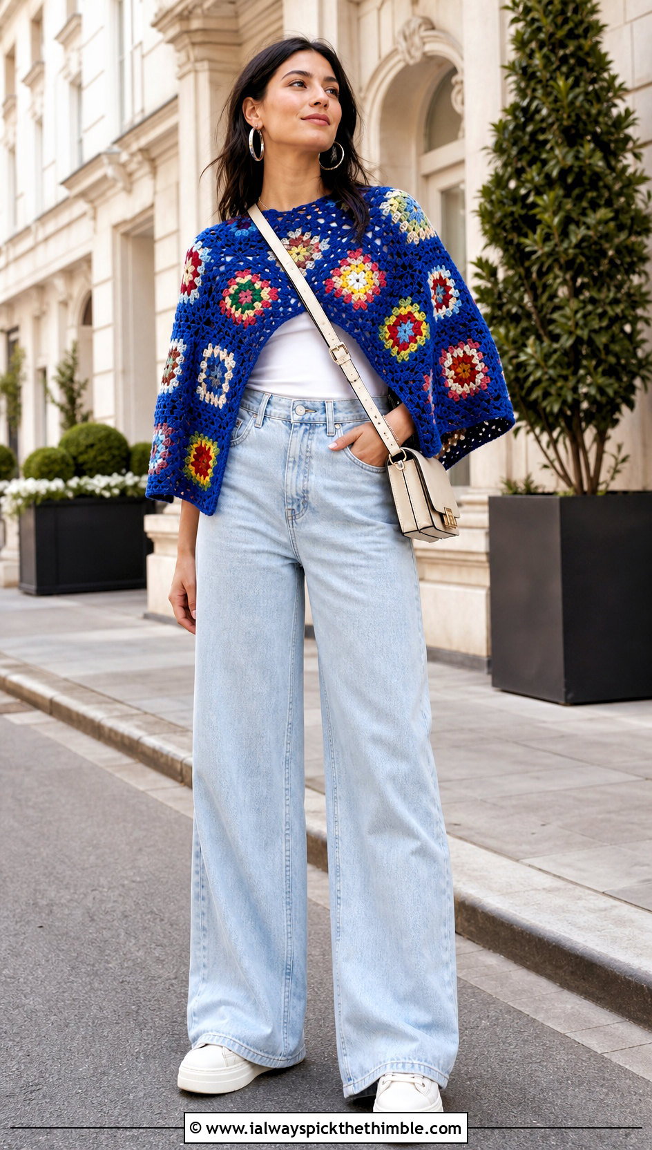 Cropped Granny Square Crochet Poncho With Wide Leg Jeans - 25 crochet poncho outfit ideas