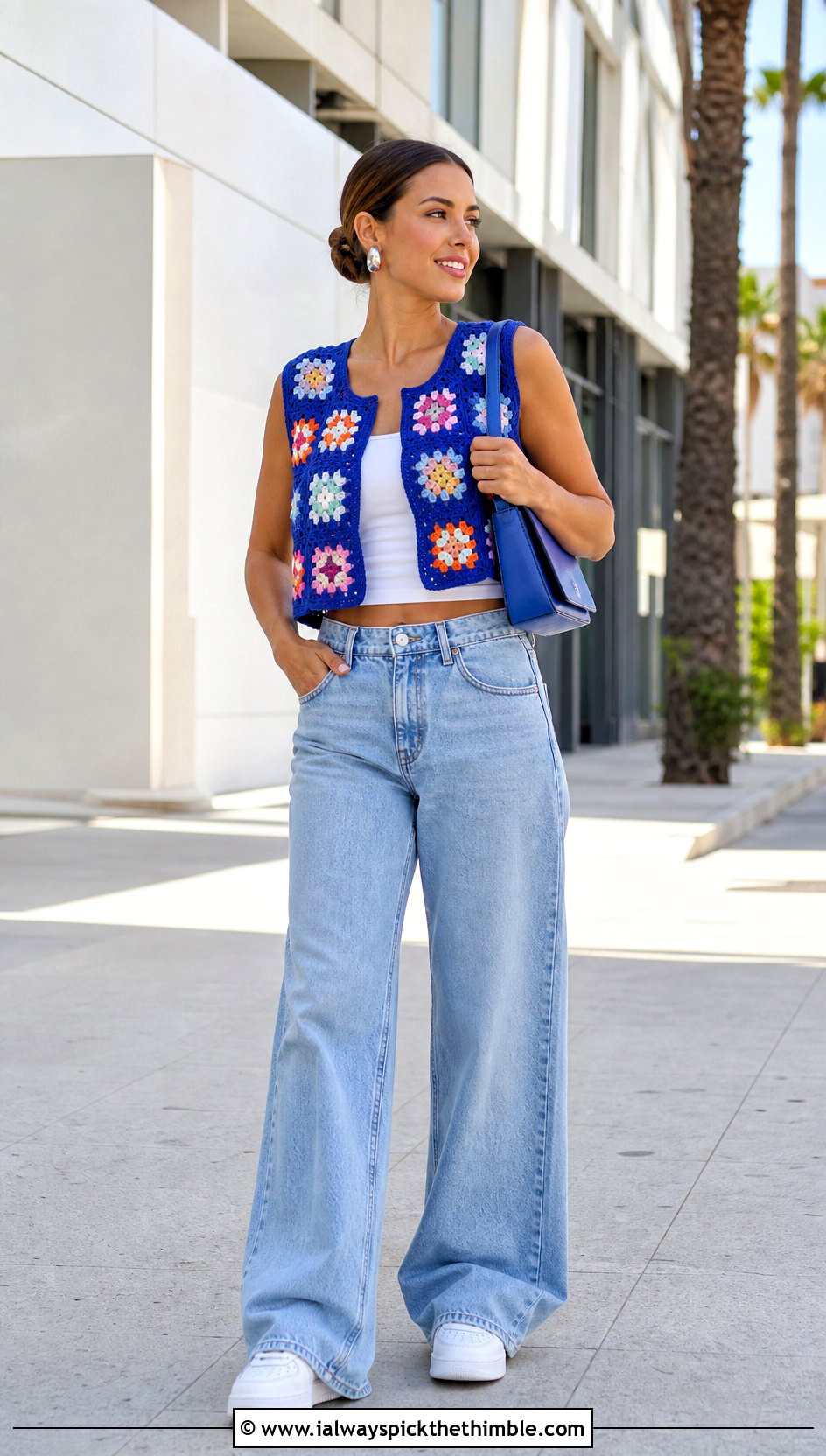 Cropped Granny Square Crochet Pullover Vest With Wide Leg Jeans - 15 crochet pullover vest outfit ideas