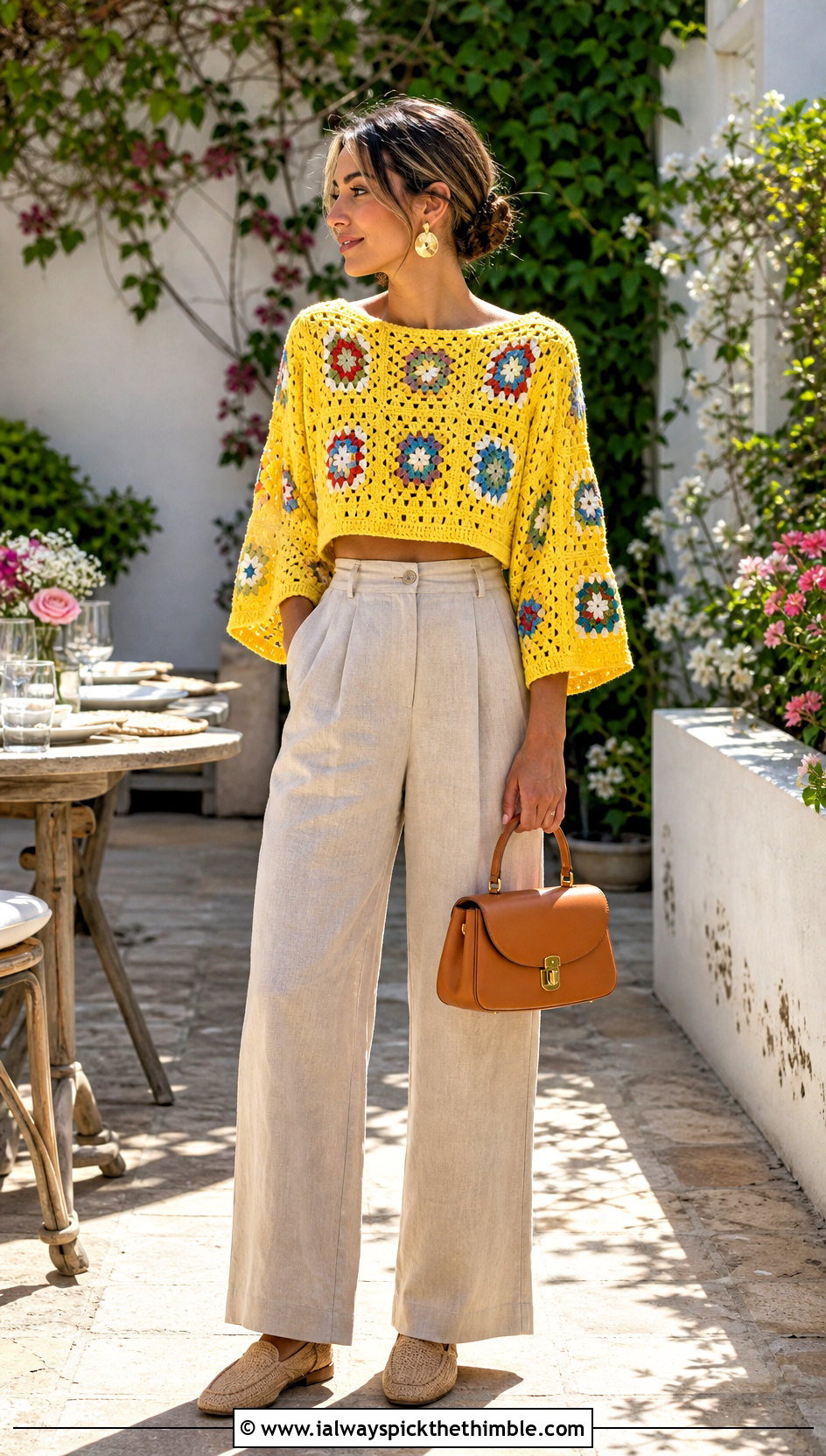 Cropped Granny Square Crochet Summer Pullover With Linen Pants - 20 crochet summer pullover outfit ideas