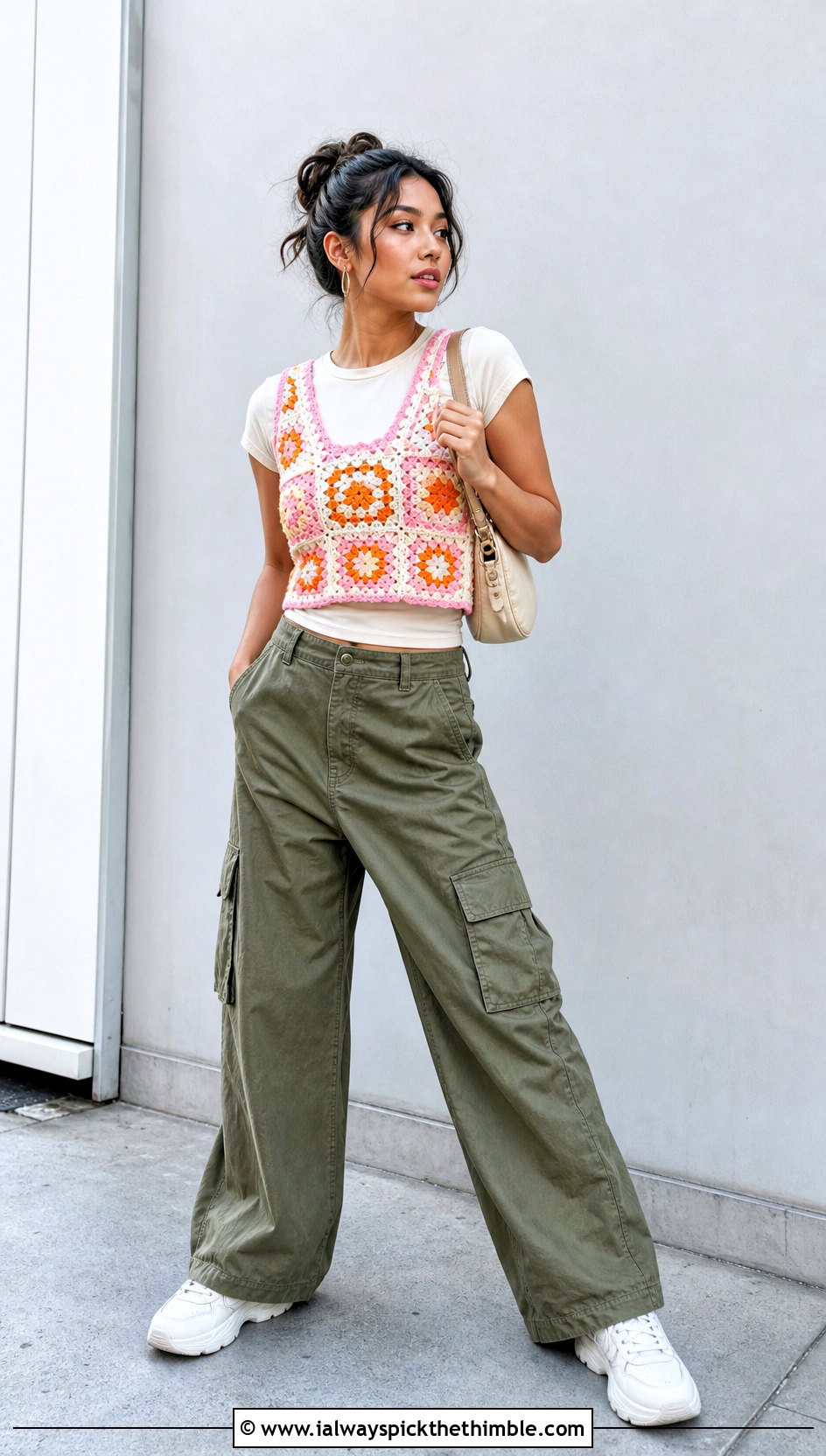 Cropped Granny Square Crochet Sweater Vest With Cargo Pants - 20 diy crochet sweater vest outfit ideas