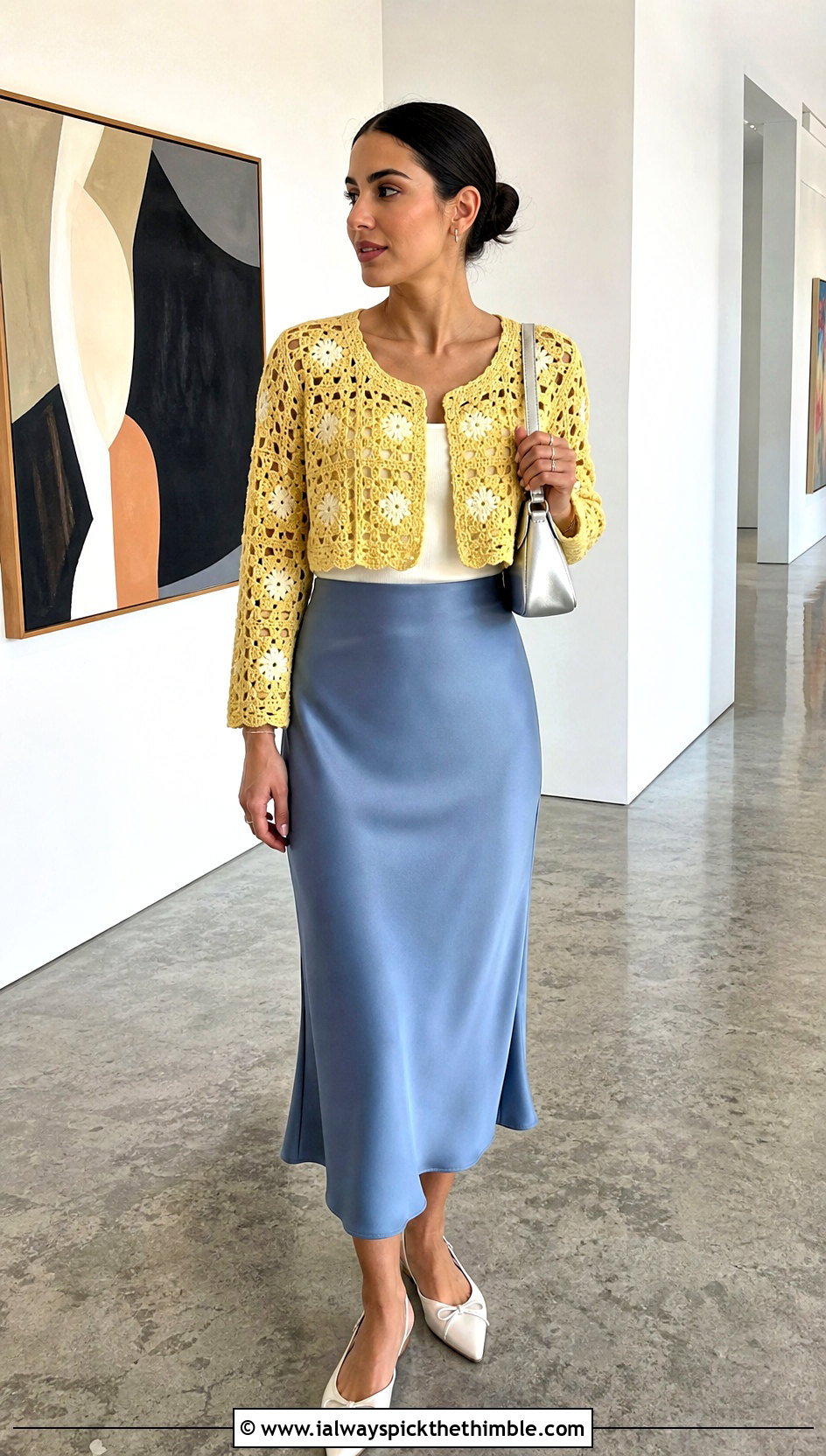 Cropped Granny Square Crochet Sweater With Satin Midi Skirt - 20 Square Crochet Sweater outfit ideas