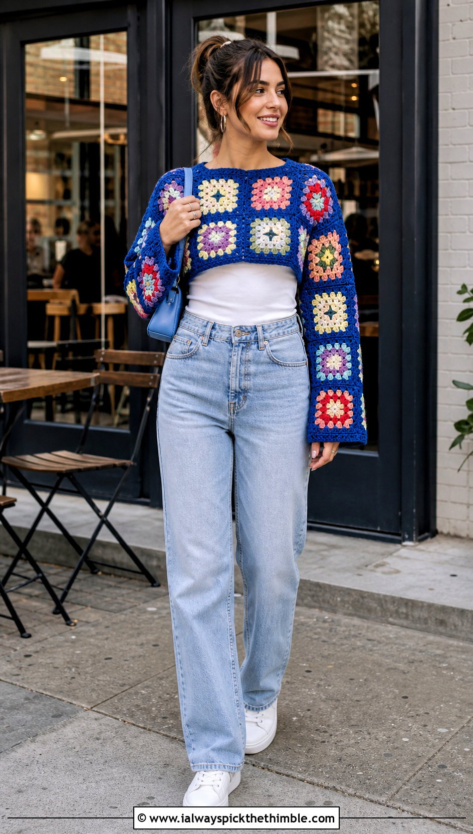 Cropped Granny Square Crochet Sweater With Straight Leg Jeans - 25 granny square crochet sweater outfit ideas