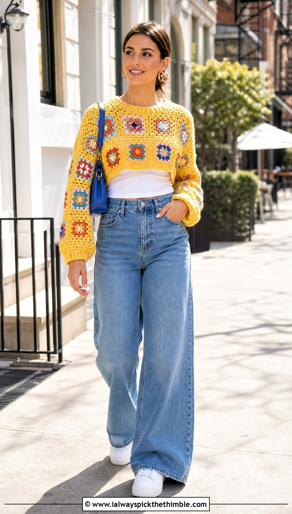 Cropped Granny Square Crochet Sweater With Wide Leg Jeans - 15 Customizable Crochet Sweater Design outfit ideas