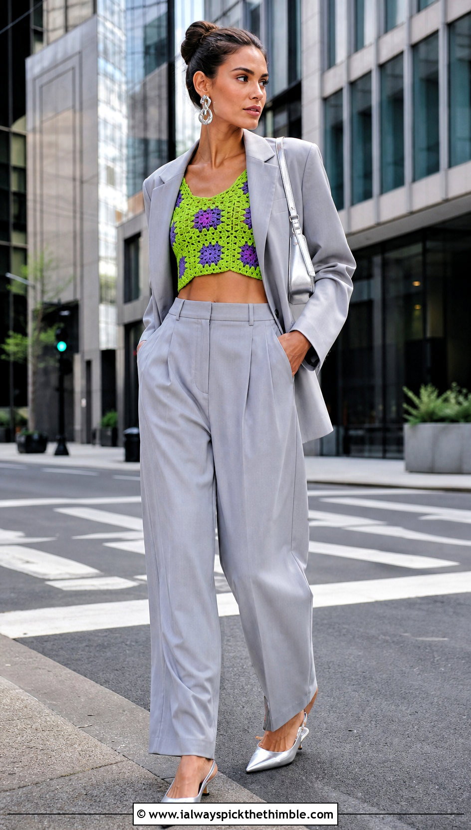 Cropped Granny Square Crochet Tank Top With Oversized Blazer - 20 Granny Square Crochet Tank Top outfit ideas