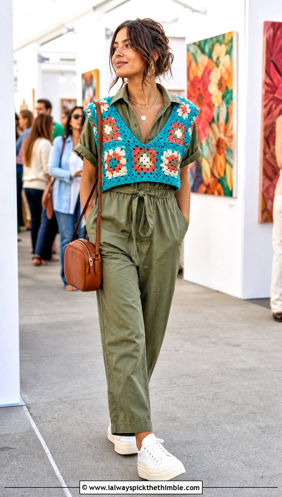 Cropped Granny Square Crochet V Neck Sweater Vest With Utility Jumpsuit - 20 crochet v neck sweater vest outfit ideas