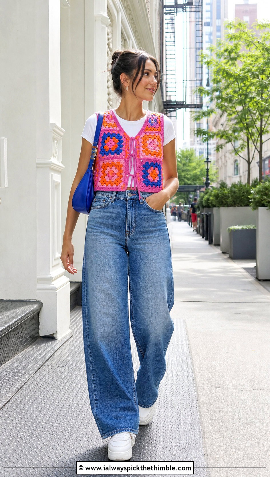 Cropped Granny Square Crochet Vest With Wide Leg Jeans - 25 easy crochet vest outfit ideas