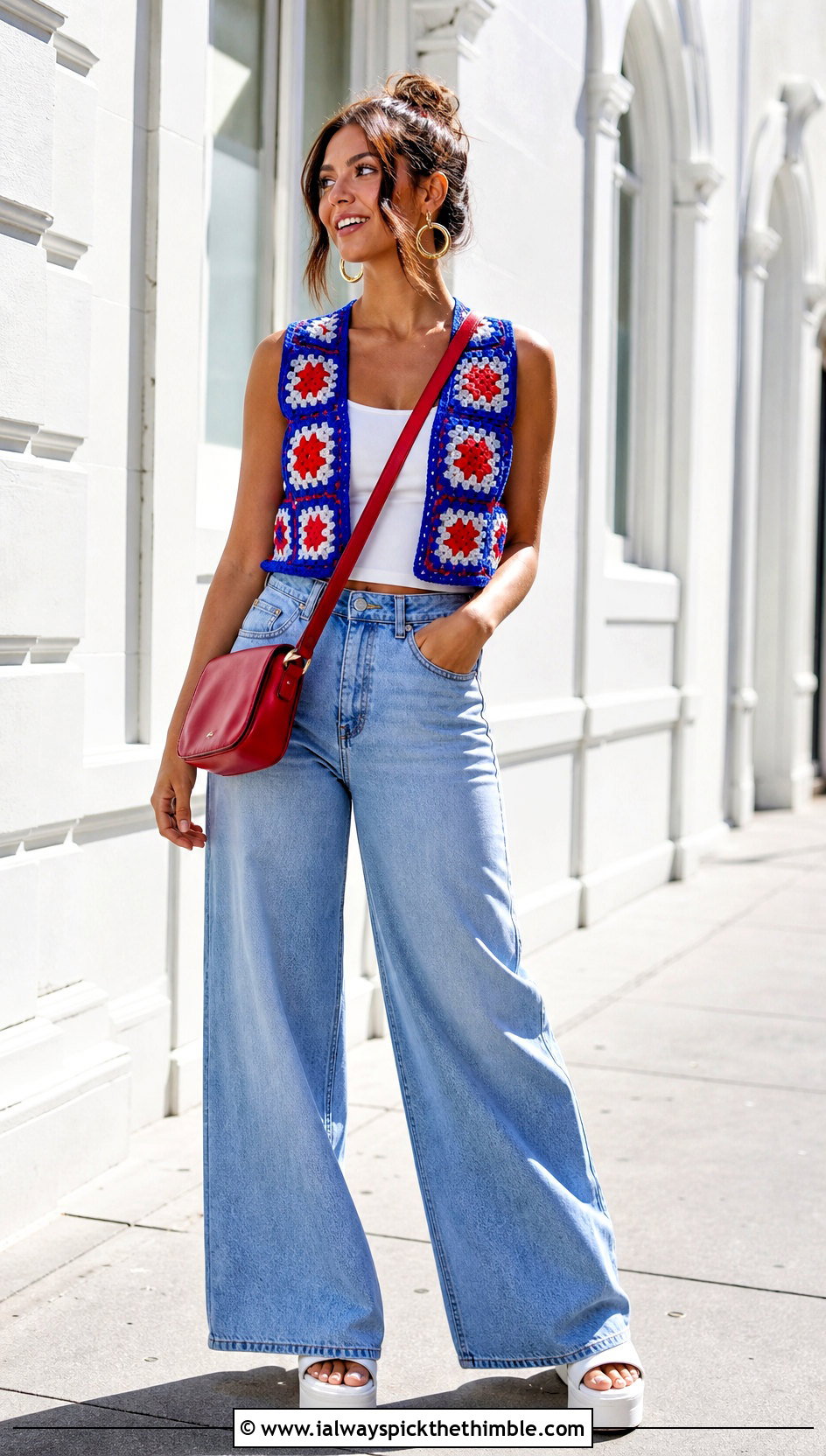 Cropped Granny Square Crochet Vest With Wide Leg Jeans - 15 Boho Style Crochet Vest outfit ideas