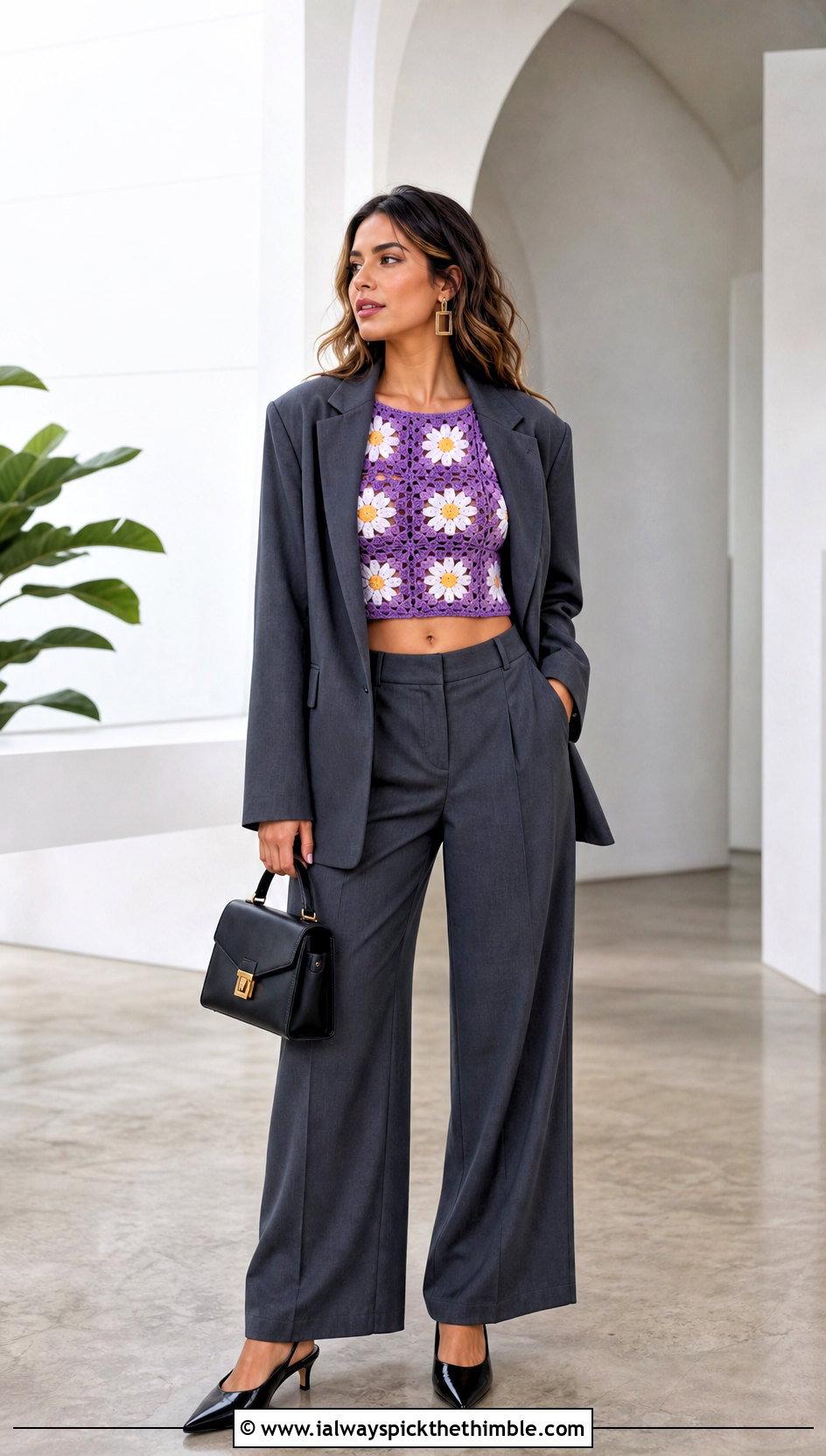 Cropped Granny Square Daisy Jones Top With Tailored Trousers - 15 Crochet Daisy Jones Top outfit ideas