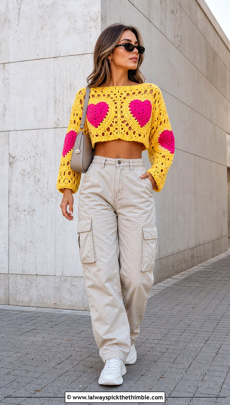 Cropped Granny Square Heart Jumper With Cargo Pants - 20 crochet heart jumper outfit ideas