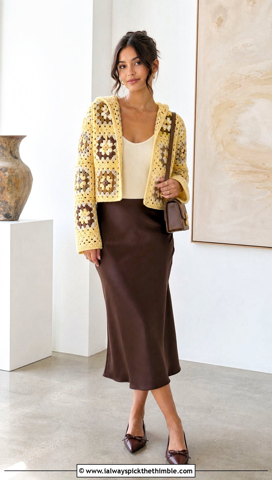 Cropped Granny Square Hooded Cardigan With Satin Midi Skirt - 20 Granny Square Hooded Cardigan outfit ideas