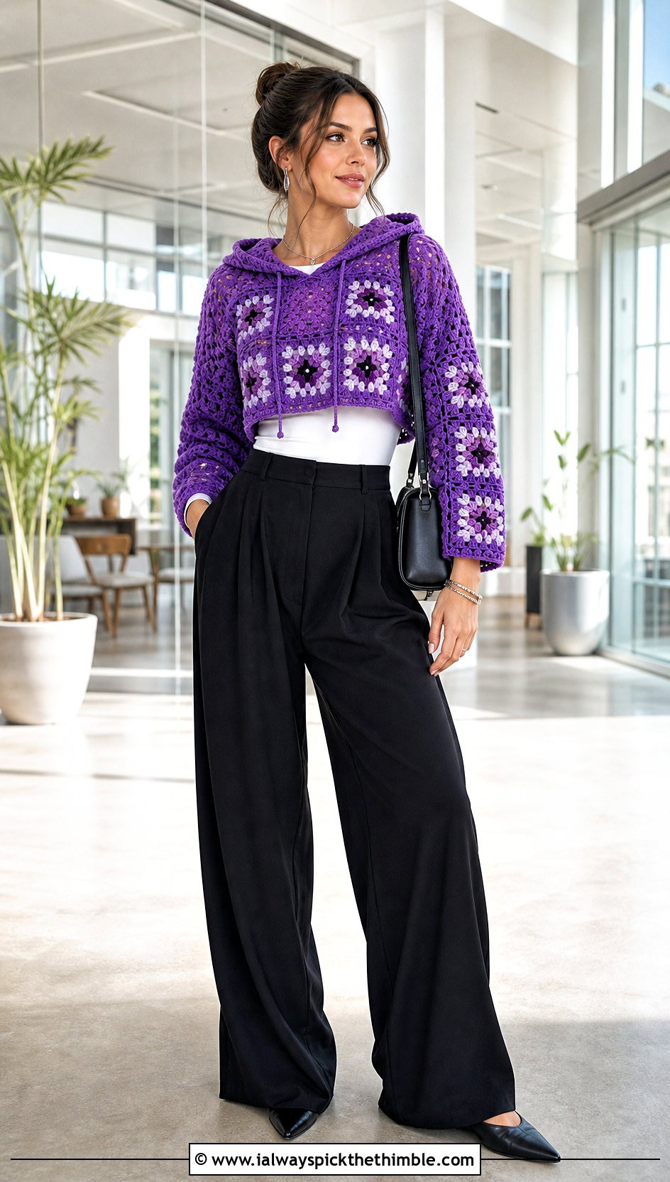 Cropped Granny Square Hoodie With Wide Leg Trousers - 25 granny square hoodie outfit ideas