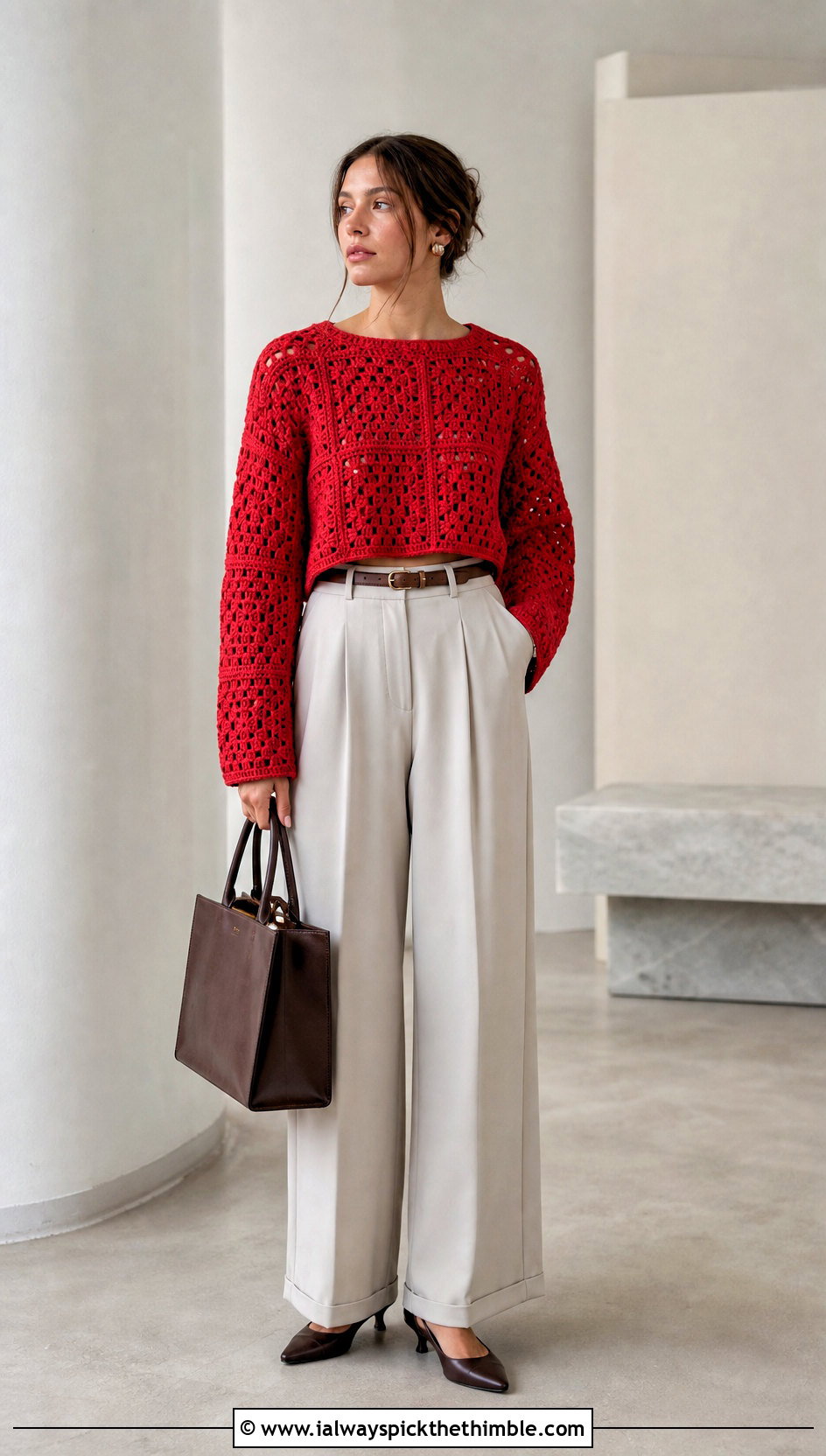 Cropped Granny Square Jumper With High Waisted Trousers - 25 granny square jumper outfit ideas