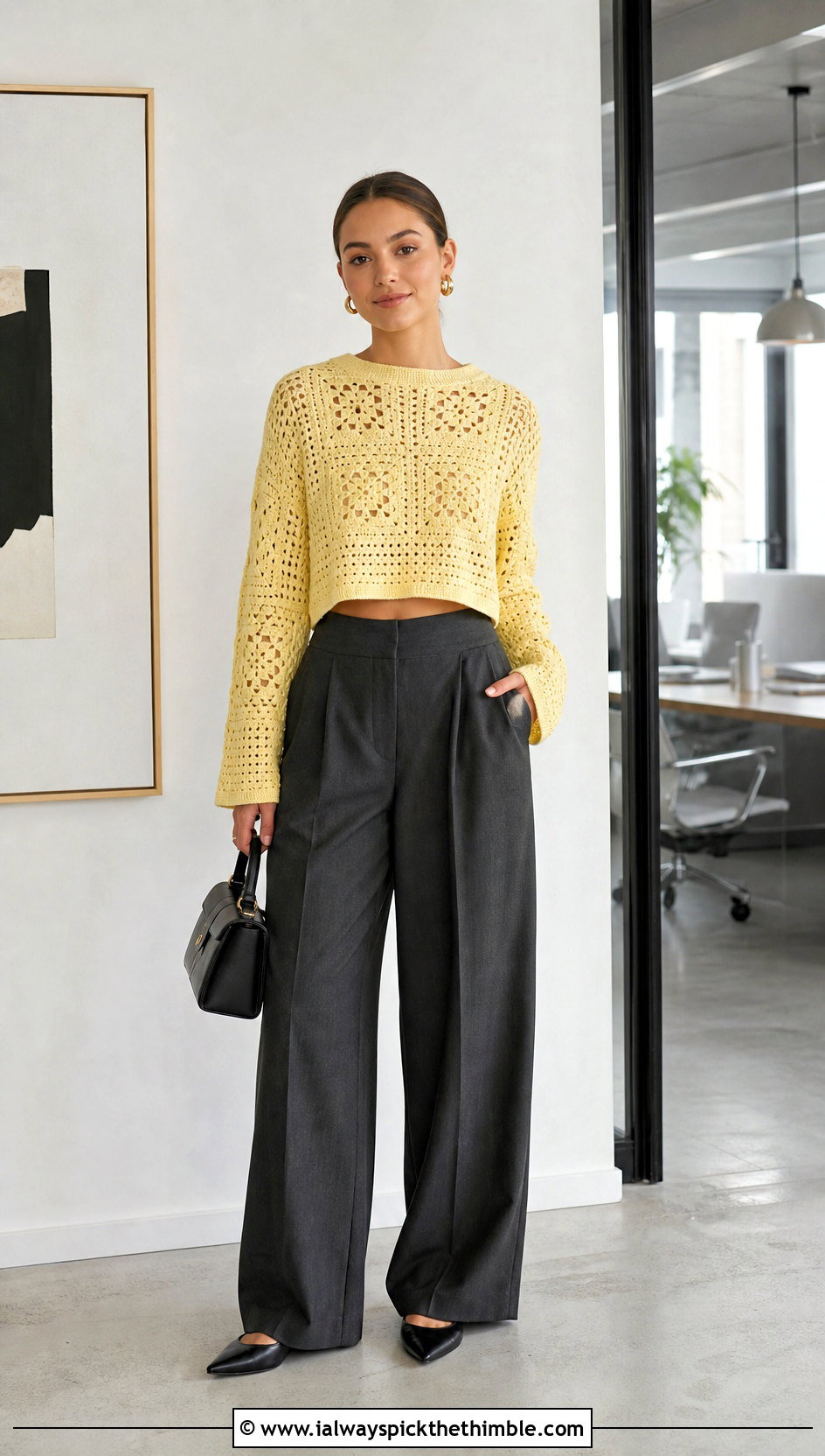 Cropped Granny Square Jumper With Wide Leg Trousers - 20 crochet square jumper outfit ideas