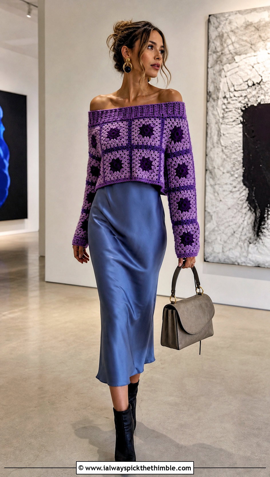 Cropped Granny Square Off The Shoulder Sweater With Slip Dress - 20 granny square off the shoulder sweater outfit ideas
