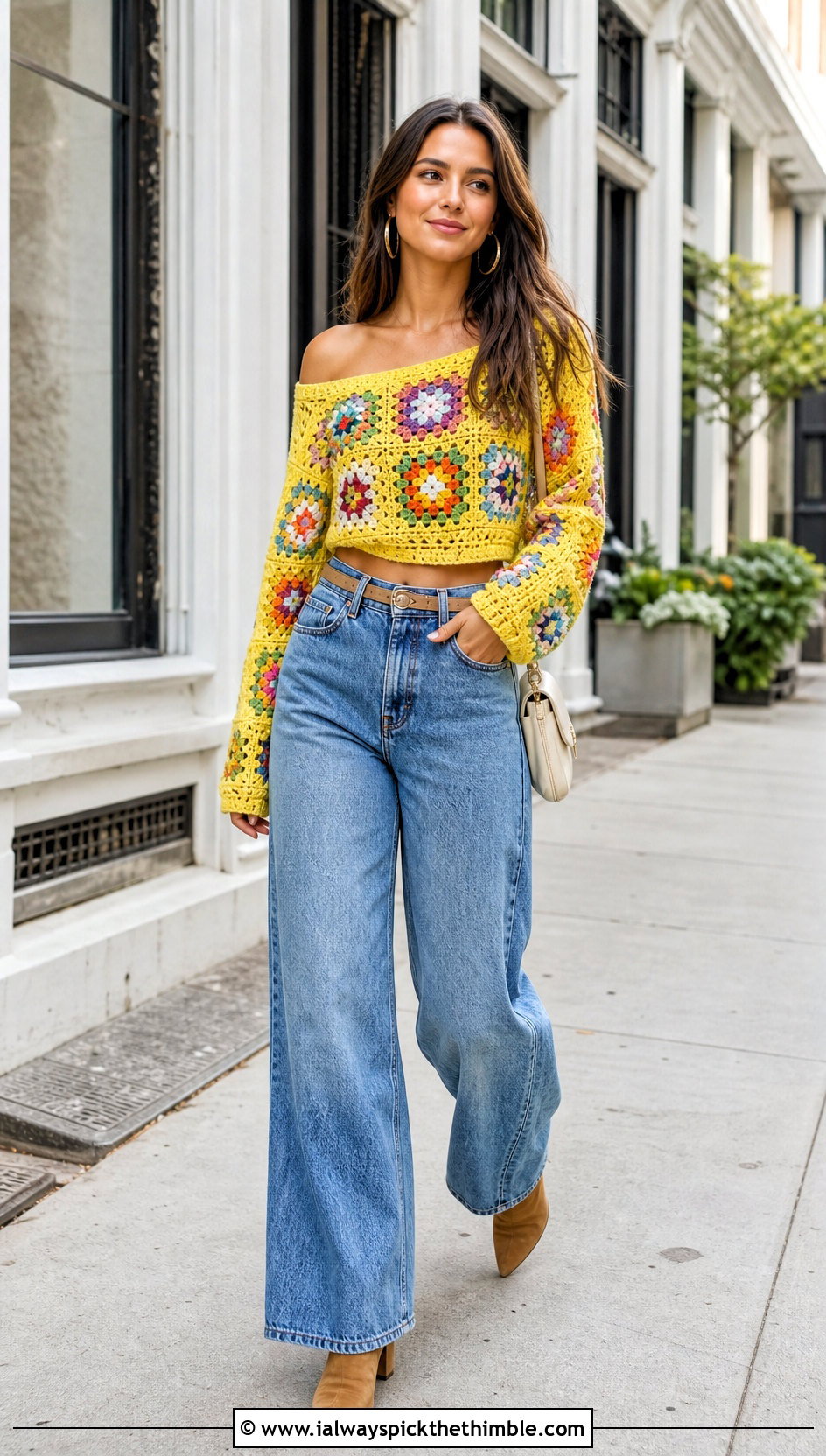 Cropped Granny Square Off The Shoulder Sweater With Wide Leg Jeans - 20 granny square off the shoulder sweater outfit ideas
