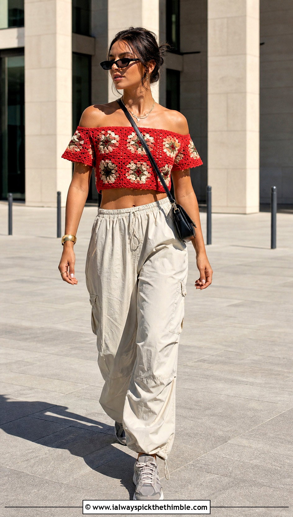 Cropped Granny Square Off The Shoulder Top With Parachute Pants - 15 Crochet Off The Shoulder Granny Square Top outfit ideas