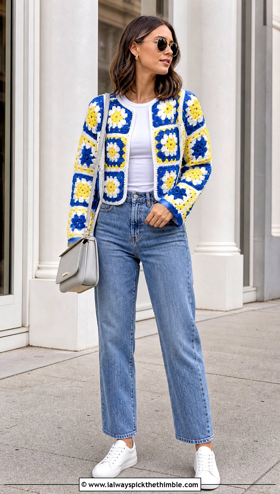 Cropped Granny Square Patchwork Cardigan With Straight Leg Jeans - 20 crochet patch work cardigan outfit ideas
