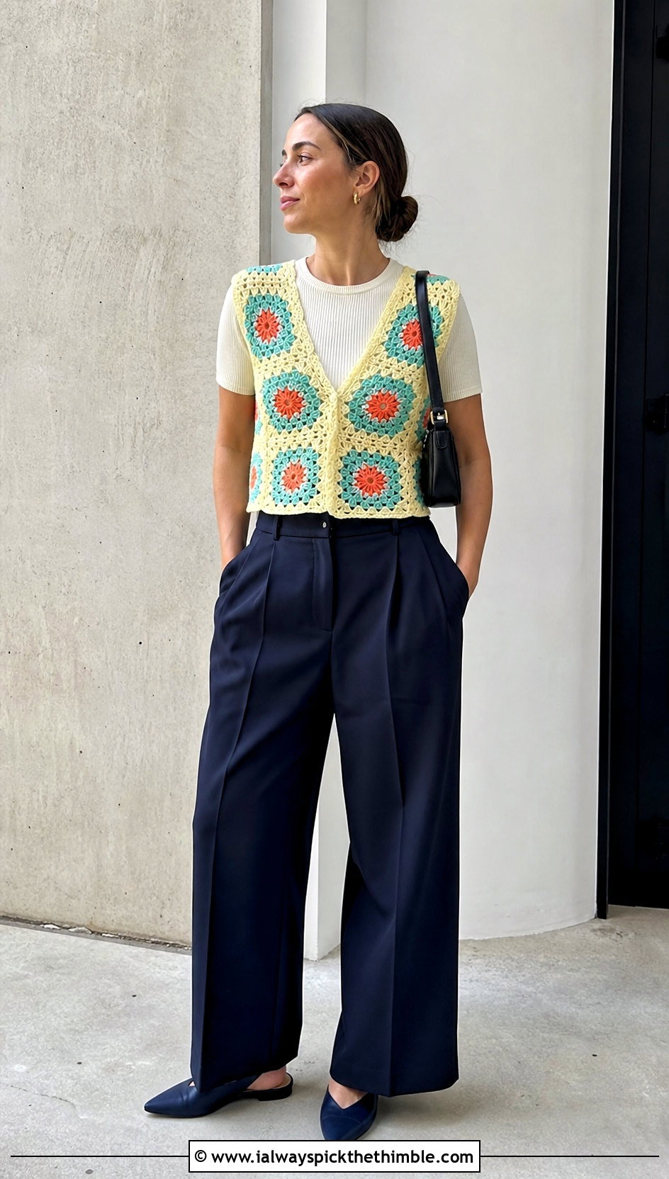 Cropped Granny Square Paul McCartney Crochet Vest With Wide Leg Pants - 25 paul mccartney crochet vest outfit ideas
