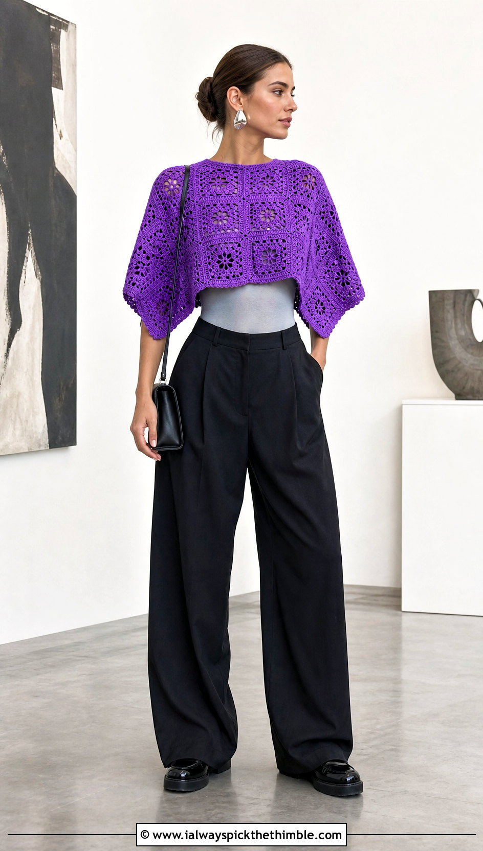 Cropped Granny Square Poncho With Wide Leg Pants - 15 easy granny square poncho outfit ideas