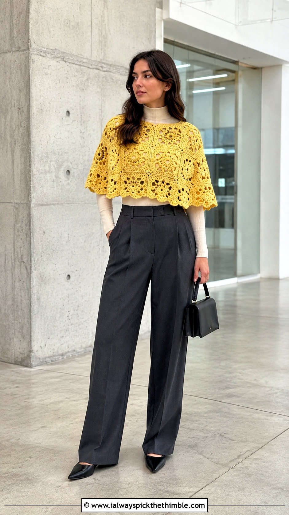 Cropped Granny Square Poncho With Wide Leg Trousers - 25 granny square poncho outfit ideas
