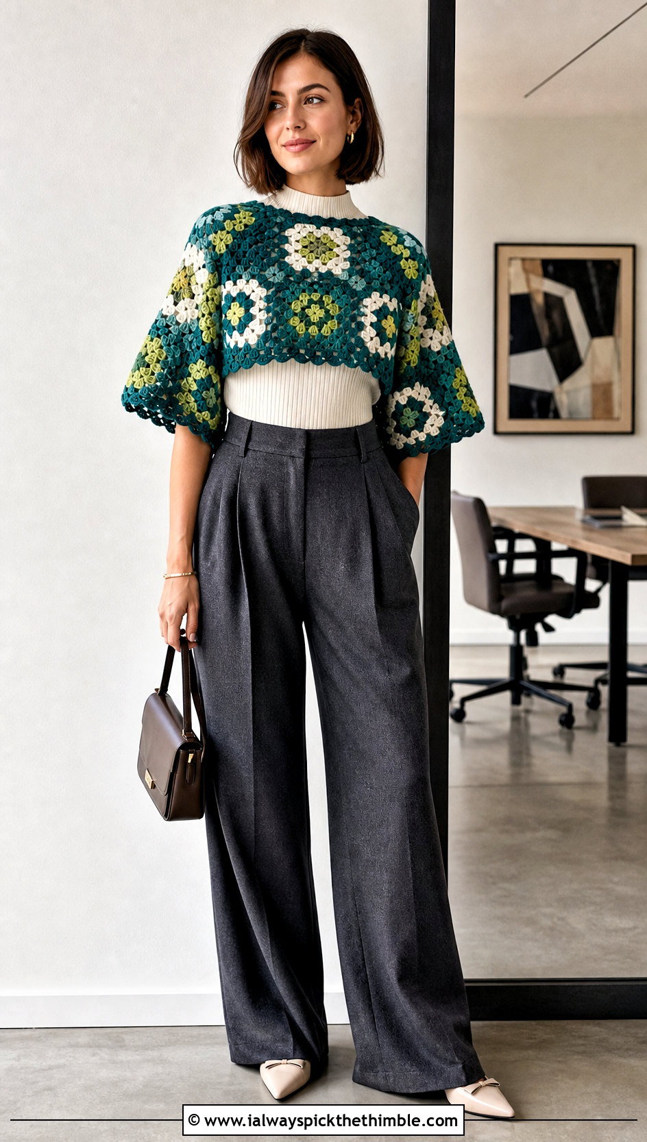 Cropped Granny Square Poncho With Wide Leg Trousers - 25 crochet granny square poncho outfit ideas
