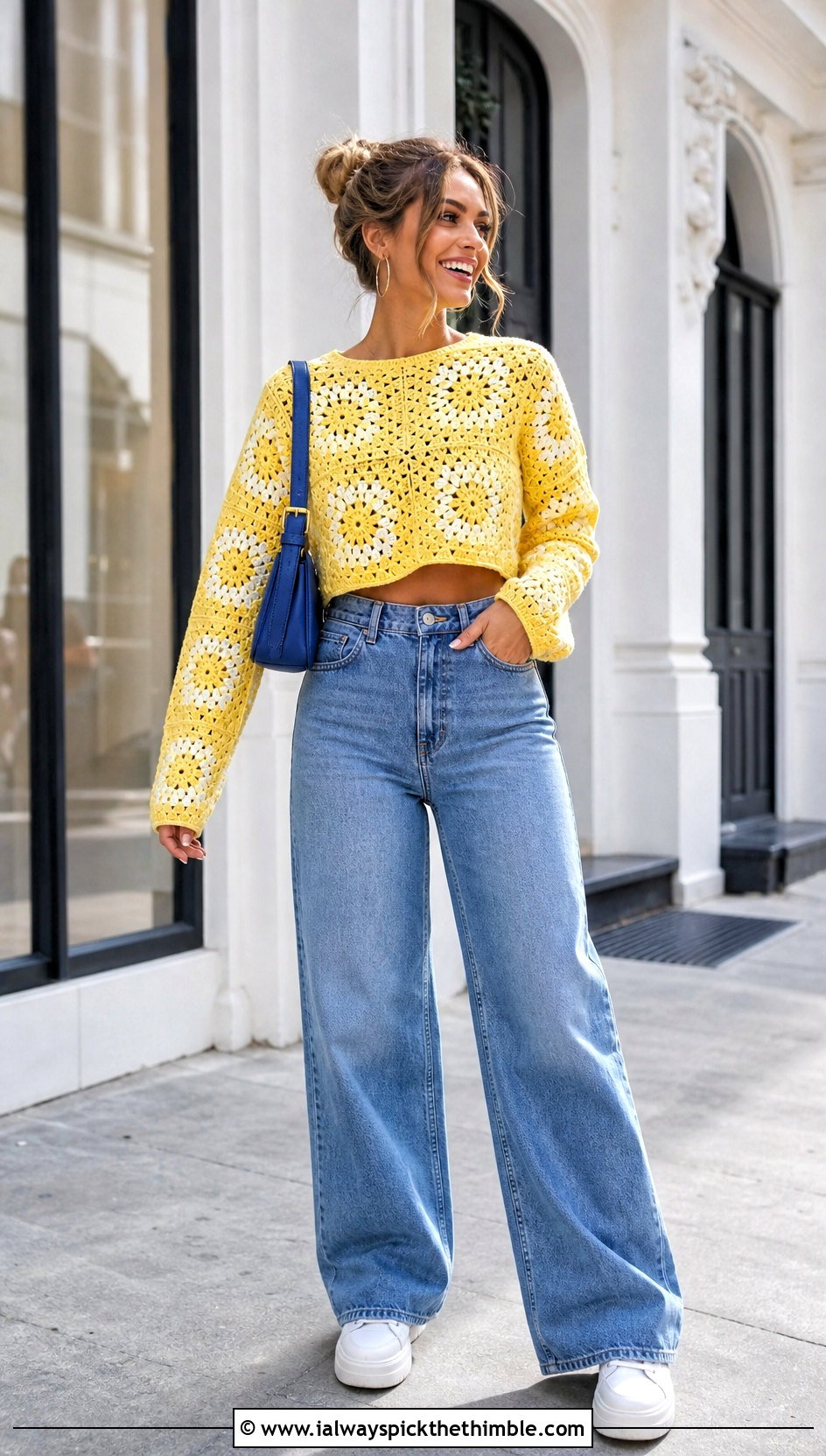 Cropped Granny Square Pullover Sweater With Wide Leg Jeans - 25 Granny Square Pullover Sweater outfit ideas