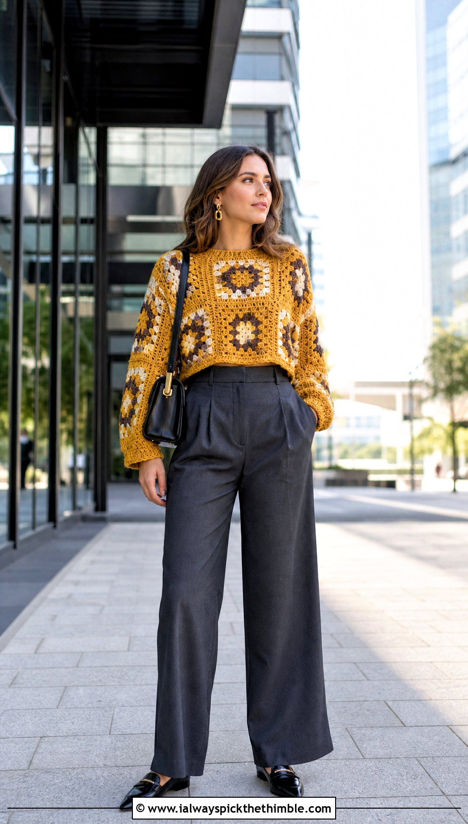 Cropped Granny Square Pullover With Wide Leg Trousers - 25 crochet granny square pullover outfit ideas