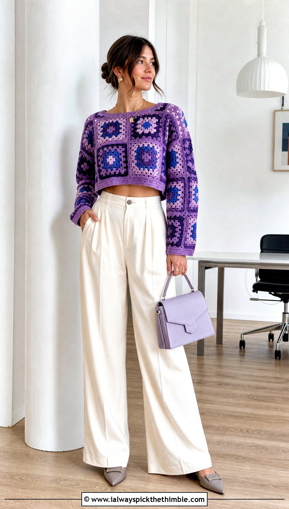 Cropped Granny Square Purple Crochet Sweater With Wide Leg Pants - 20 Crochet Purple Sweater outfit ideas