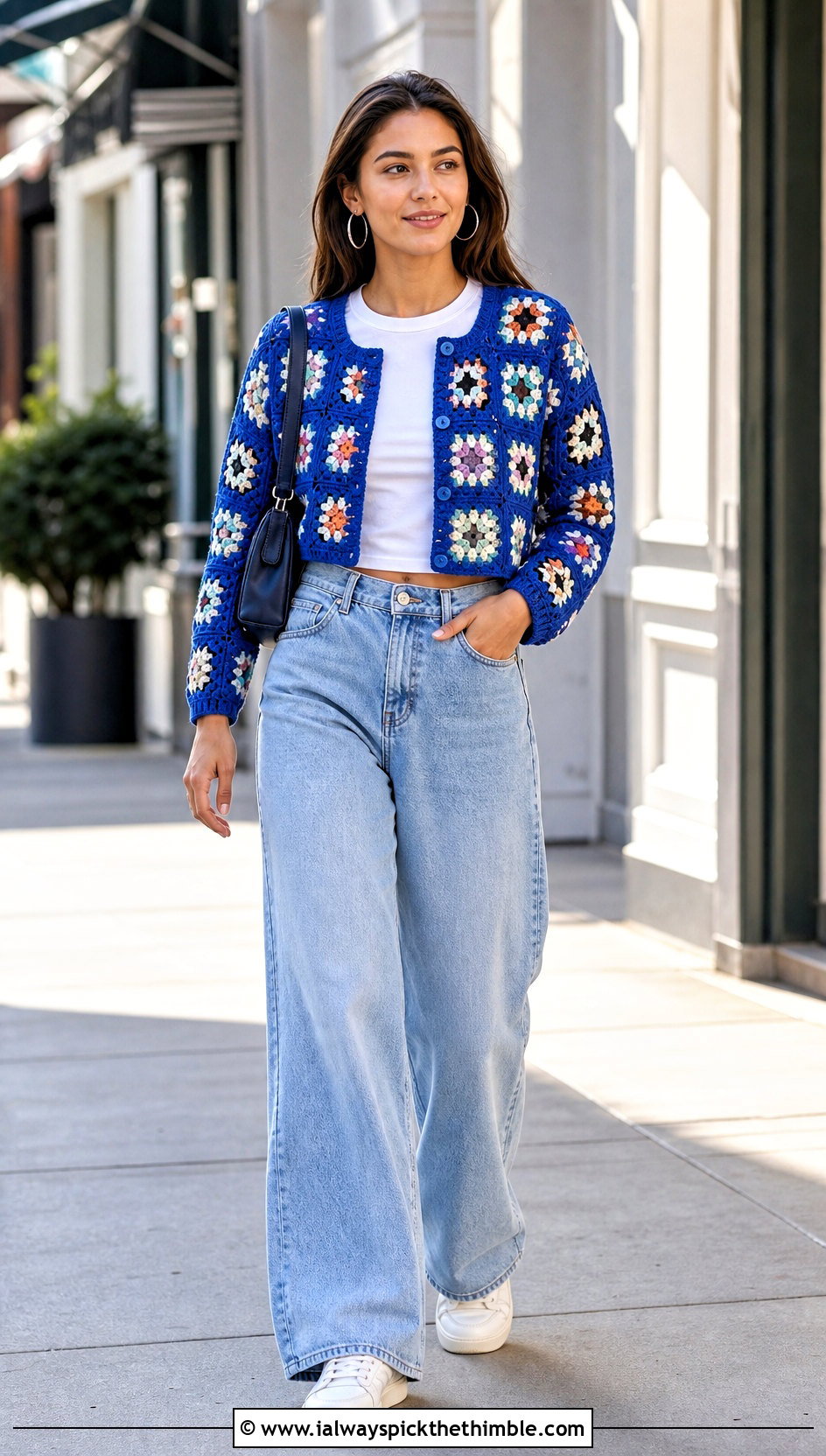 Cropped Granny Square Stitch Cardigan With Wide Leg Jeans - 20 granny square stitch sweater outfit ideas