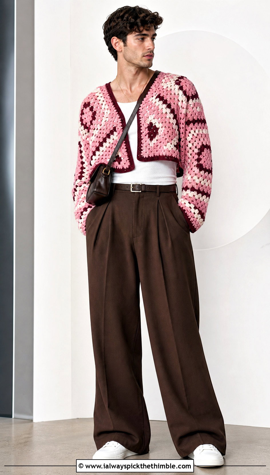 Cropped Granny Square Sweater With High Rise Trousers - 20 Crochet Granny Square Sweater For Men outfit ideas