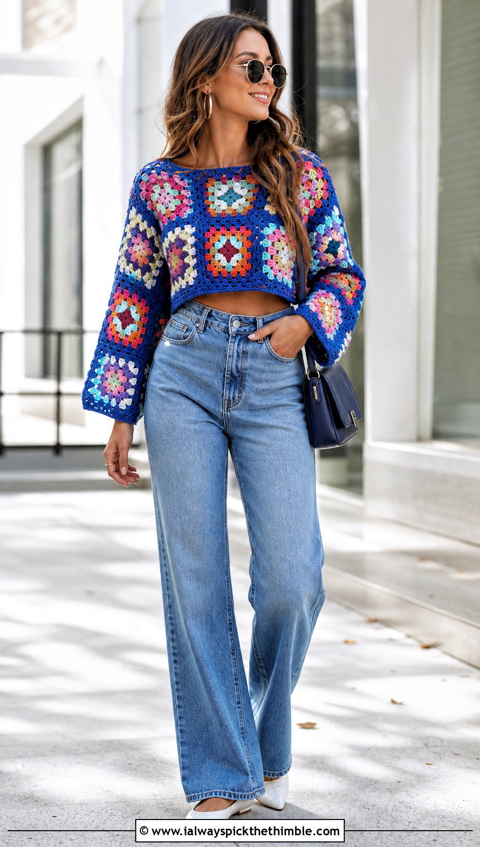 Cropped Granny Square Sweater With Wide Leg Jeans - 20 crochet sweater with granny squares outfit ideas